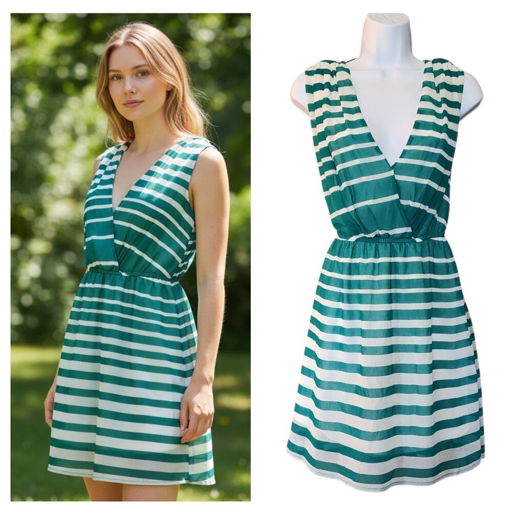 Double Zero Womens Mini Dress Size M Teal White Striped Plunge Empire Chiffon